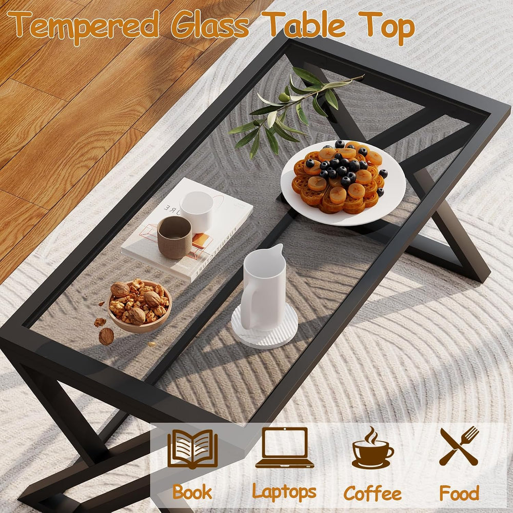 Wolawu Coffee Table Grey Glass Coffee Tables for Living Room, Center Table