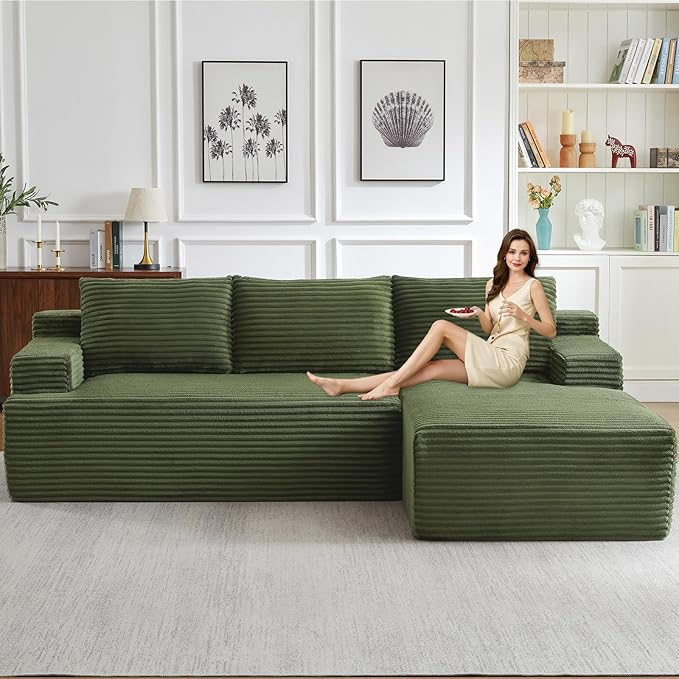 96.1" Modular Sectional Sofa Couches L-Shape Couch 3 Seat Modular Sofa Corduroy Memory Foam Sectional Boneless Couches for Living Room, Cloud Couch with Oversized Chaise(Green, Right Facing)