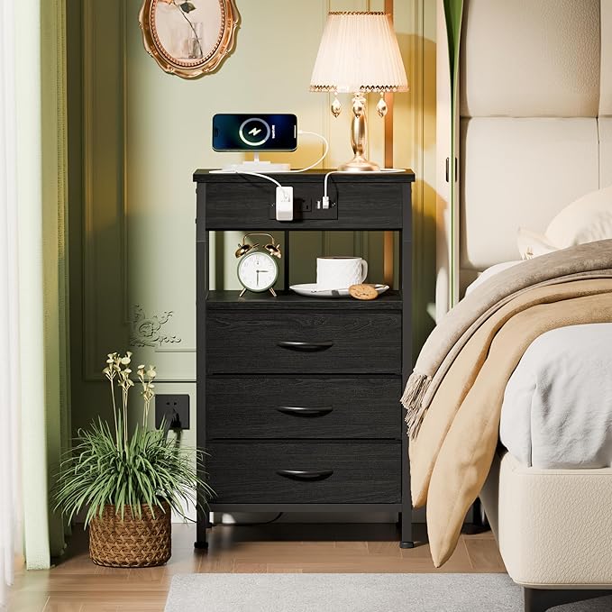 Furnulem Night Stand with Charging Station, 28.3 Inch Tall Side Table with Fa...