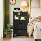 Furnulem Night Stand with Charging Station, 28.3 Inch Tall Side Table with Fabric Drawers and Storage Shelf, Bedside Table with USB Ports & Outlets, Nightstand for Bedroom, 3 Ways to Use, Black Oak