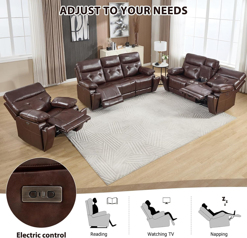 CANMOV Genuine Leather Power Reclining Sofa Set,Living Room Furniture Sofa Se...