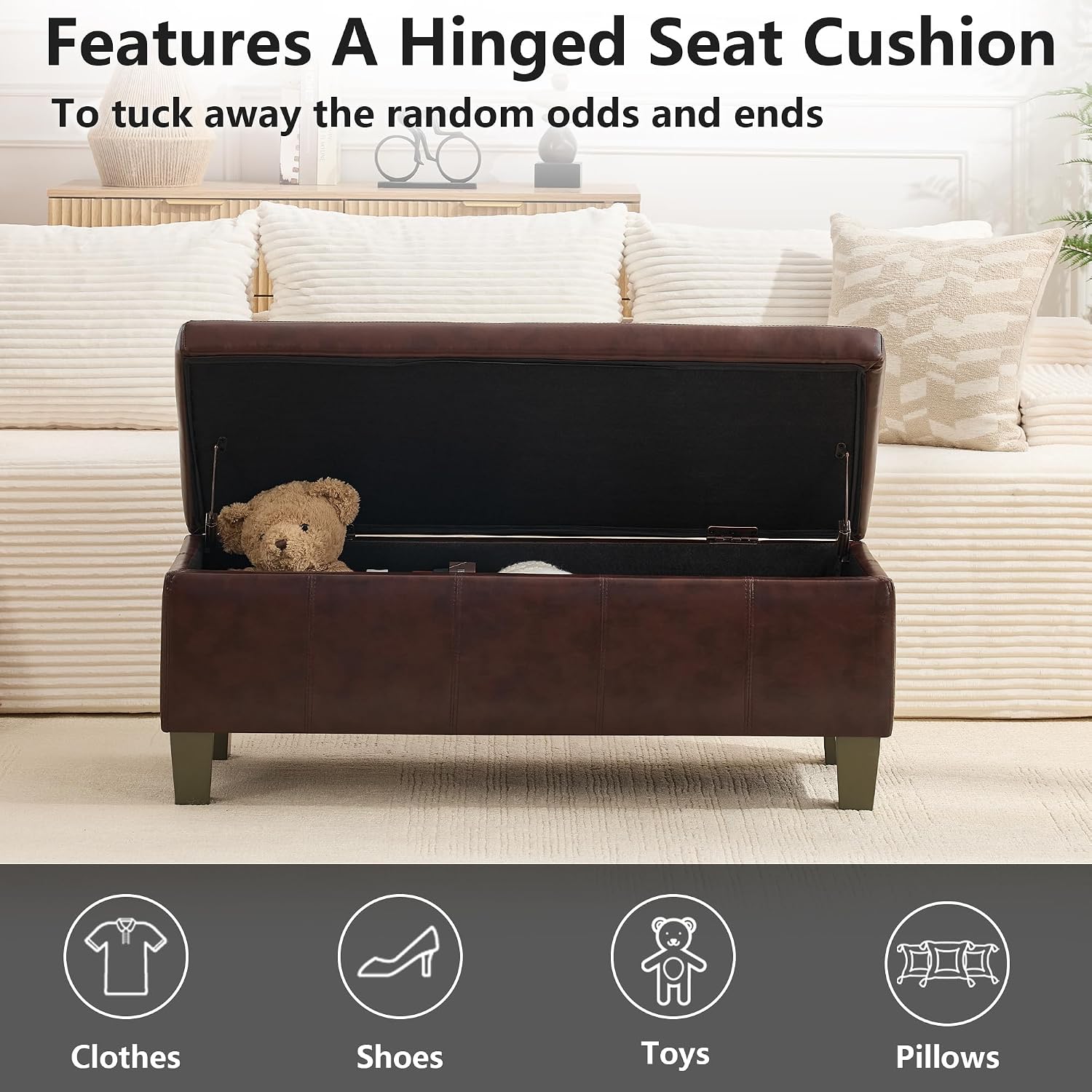 41" Storage Ottoman, Storage Bench with Safety Hinge, Upholstered Synthetic Leather Ottoman Bench for Bedroom, Living Room, Entryway, Hallway, Foot Rest, Support 500lbs
