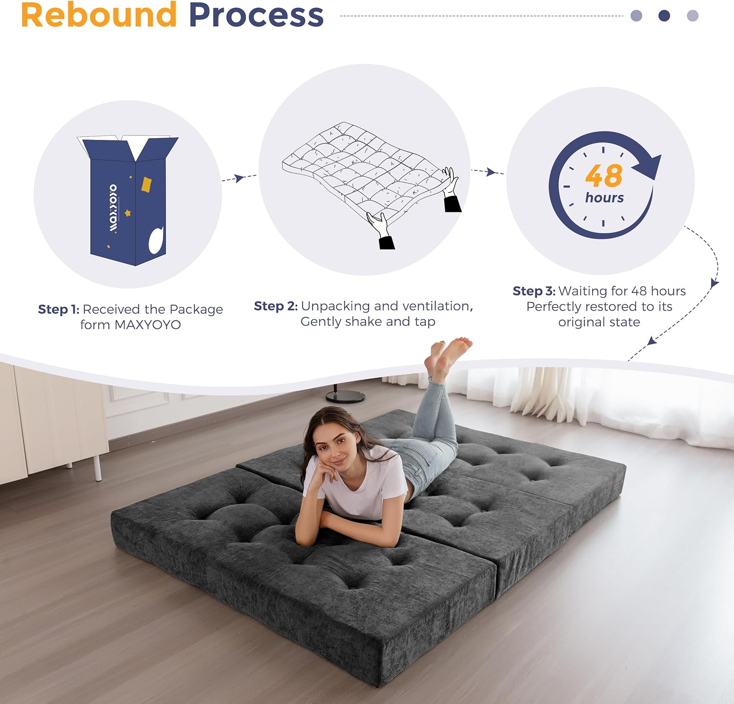 MAXYOYO 6" Folding Sofa Bed for Floor, Tufted Tri-Fold Floor Mattress with Chenille Fabric, Twin Size Portable Sofa Couch Guest Mat for Adults, Foldable Topper for Camping, Dark Grey, 35.4"x75"