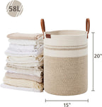 VIPOSCO Tall Laundry Basket, Large Dirty Clothes Hamper with Leather Handle, Woven Rope Storage Basket for Blanket, Toy In Living Room, Bathroom, Bedroom - 58L Brown & White