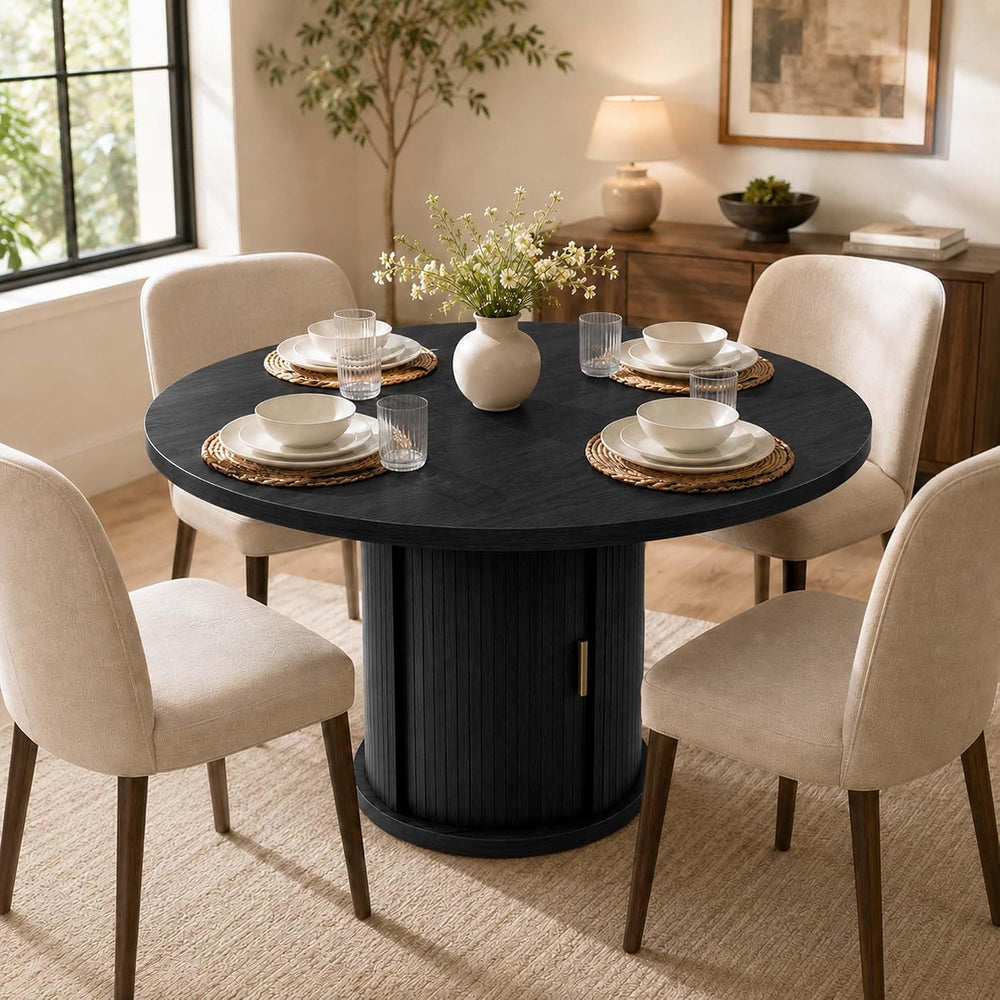 47-63" Extendable Round Dining Table with Storage for 4-6 Person, Fluted...