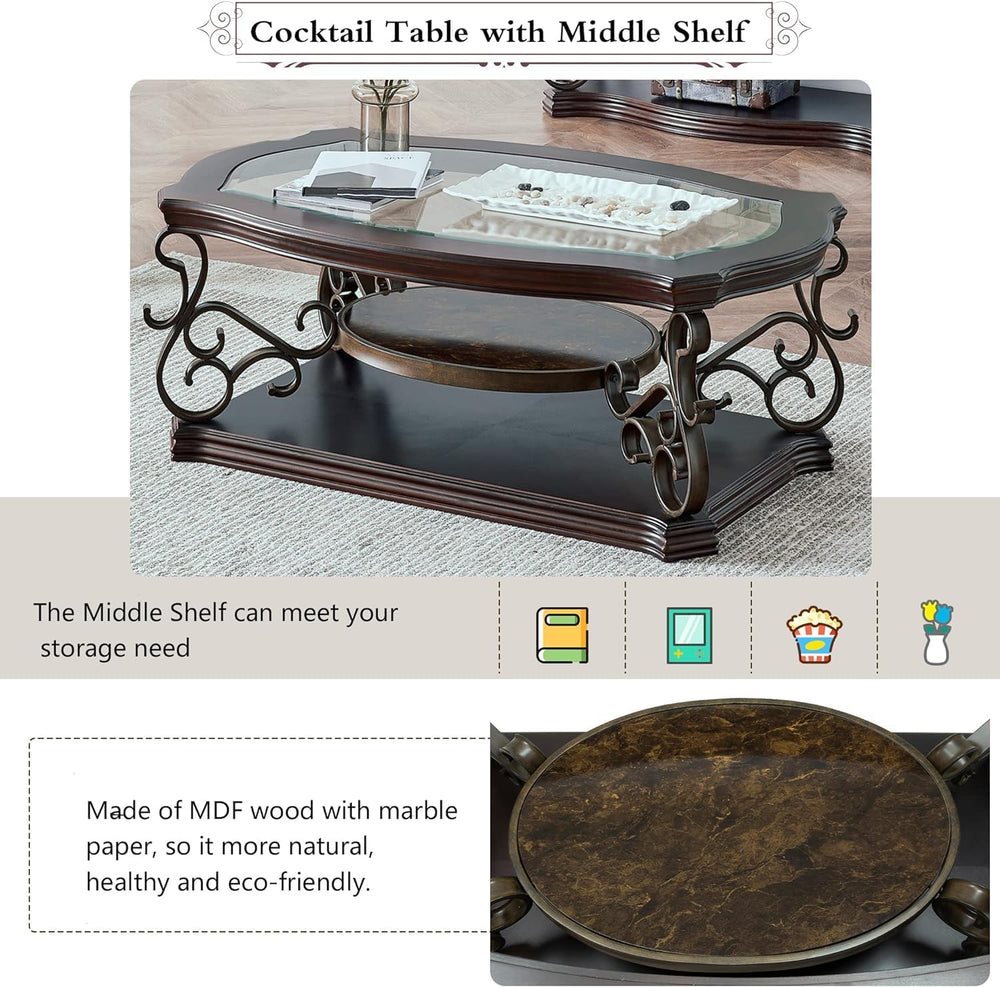 Henf 3 Piece Living Room Table Set, Retro Brown Coffee Table with 2 End Table...