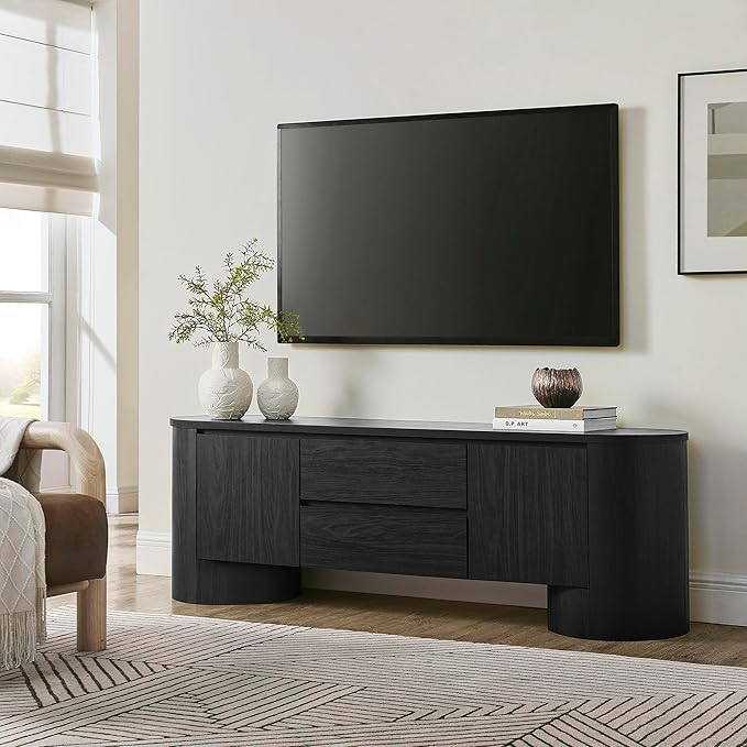 Modway Duval 71 Inch Oval TV Stand in Black – Low Profile Mid Century Modern Media Cabinet - Living Room Entertainment Center with Storage