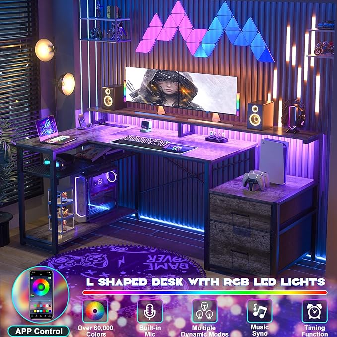 Aheaplus L Shaped Desk with File Drawer, Reversible L Shaped Computer Desk Gaming Desk with Power Outlet & LED Strip, Home Office Desk with Monitor Shelf, Corner Desk with Storage Shelves, Grey Oak