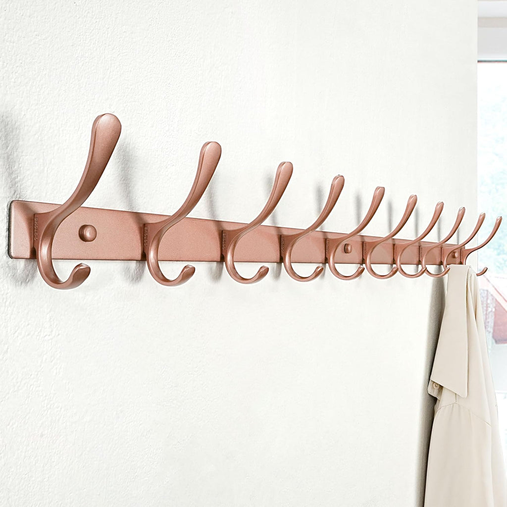 SKOLOO Coat Rack Wall Mounted - 10 Hooks, Heavy Duty, Stainless Steel, Metal Wall Hanger, Sturdy Coat Hooks for Hanging Coats, Jacket, Clothes, Hat, Matte Rose Gold