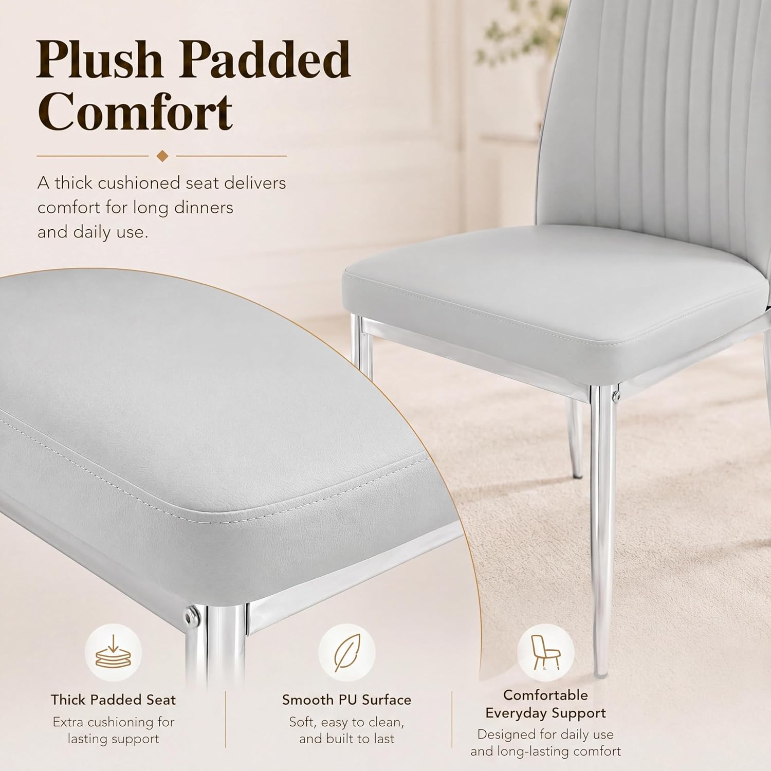 Dining Chairs Set of 4,Sillas de Comedor Modernas 4,Leather Upholstered Kitchen Chairs with Chrome Metal Legs,Modern Dining Room Chairs ,Easy-Clean Chairs for Dining Room, Apartment (Light Gray,4)
