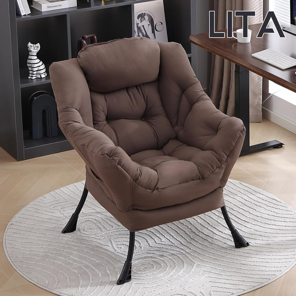LITA Lazy Chair with Armrests and Side Pocket, Modern Upholstered Accent Read...