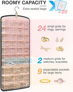 BAGSMART Hanging Jewelry Organizer, Necklace Holder Anti-tangle Earrings Rings Hanger with 20 Jewelry Bags Travel Storage Roll with Pockets Hang on Closet, Wall, Door,1 Piece, Large, Black