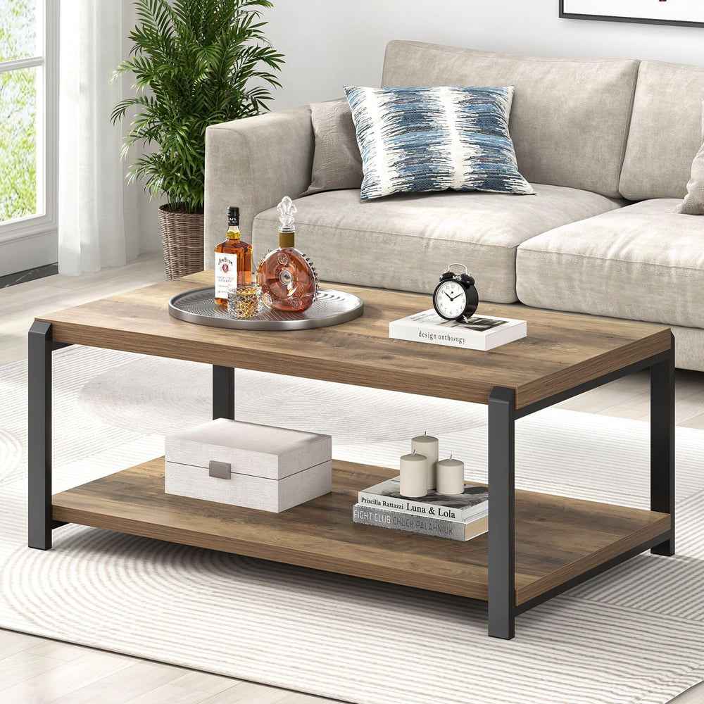 EXCEFUR Modern Coffee Table, Rustic Wood and Metal Center Table for Living Ro...