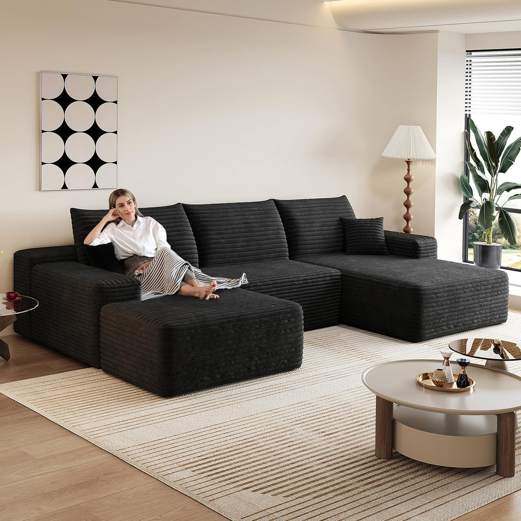 107.5" Comfy U-Shaped Sectional Modern Boneless Corduroy Couch with Chaise ‌and Ottoman‌ - No Assembly Required! Deep-Seat, Upholstered Modular Cloud Sofa for Living Room, Plush Corduroy Fabric(Black)