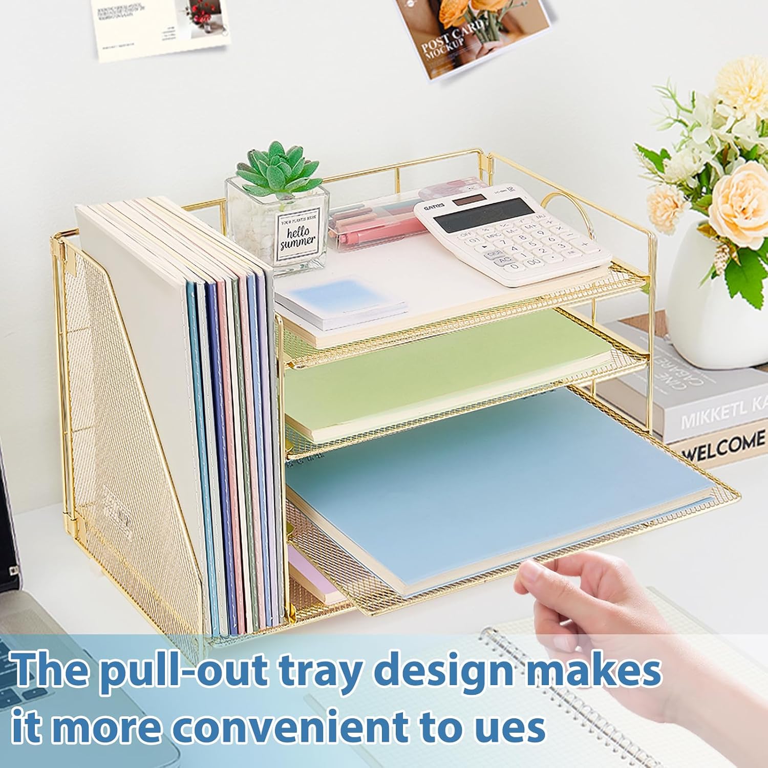 OPNICE 4-Tier Paper Organizer with Magazine Holder, Desk Organizers and Accessories, Office Desk Accessories & Workspace Organizers, Desktop File Organizer for Office Supplies Storage, Gold