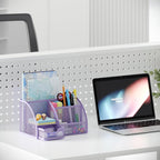EasyPAG Mesh Desk Organizer with Drawer Multi-functional Pen Holder Stationery Organizer for Office School Supplies 6 Compartments Dorm Organizers and Storage for Desk, Light Purple