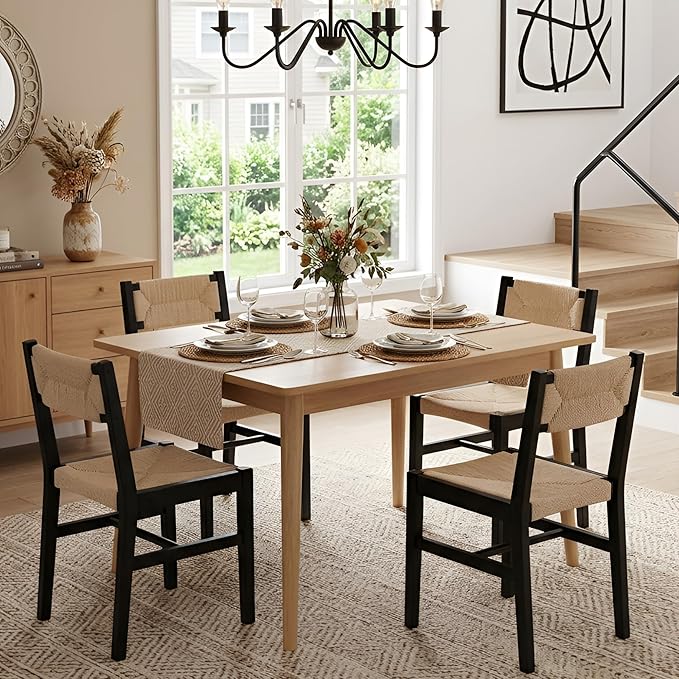 Mid Century Modern Rattan Dining Chairs Set of 4 Black Beechwood Kitchen Chairs Farmhouse Woven Dining Room Chairs Armless Boho Cane Wicker Chair Wooden Dining Chairs with Weave Hemp Seat and Backrest