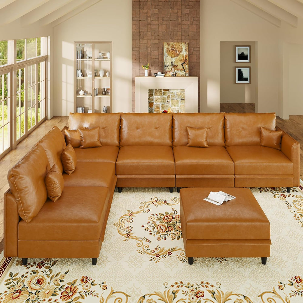 LLappuil 7-Seater L-Shaped Sectional Modular Sofa with Storage, Deep Seat Fau...