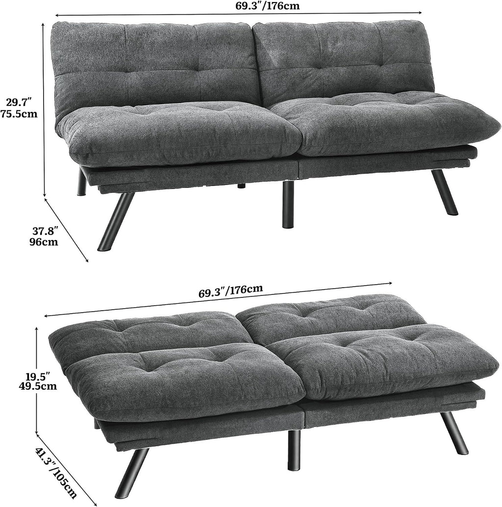 YITAHOME Convertible Futon Sofa Bed,70" Folding Futon Couch w/Led Lights | Modern Memory Foam Loveseat Sleeper Recliner w/ Adjustable Backrest& Armrests,for Living Room Home Office Aprtment,Grey
