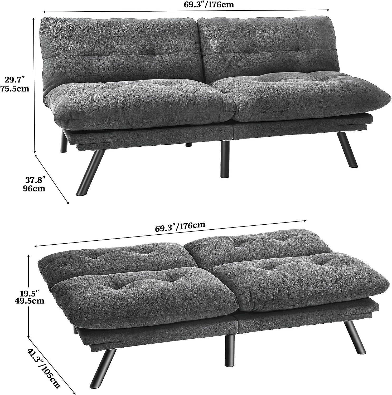 YITAHOME Convertible Futon Sofa Bed,70" Folding Futon Couch w/Led Lights | Modern Memory Foam Loveseat Sleeper Recliner w/ Adjustable Backrest& Armrests,for Living Room Home Office Aprtment,Grey