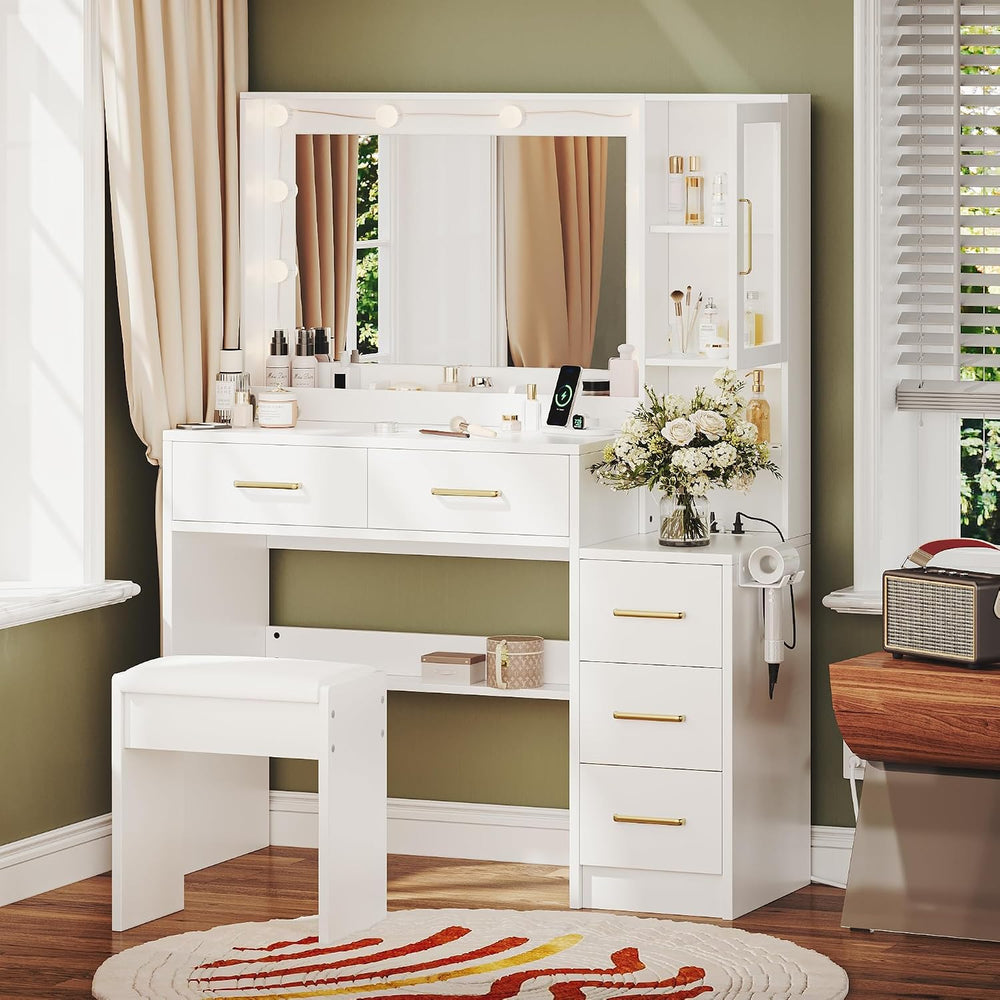 TOKSOM Makeup Vanity with Lights & Charging Station, White Vanity Table w...