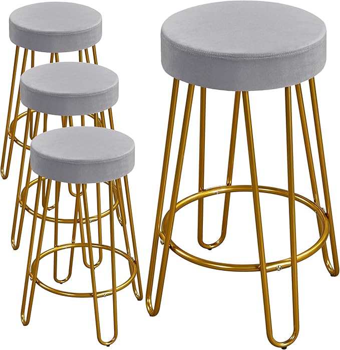 Yaheetech Bar Stools Set of 4, Velvet Round Counter Stools, Backless Counter Height Bar Chairs with Golden Legs for Kitchen Dining Room Pub Cafe, Gray