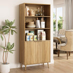 CARPETNAL Tall Storage Display Cabinet in Natural Oak- 70 Inch Bookshelf with Open and Closed Shelving - Modern Accent Cabinet for Living Room, Dining Room
