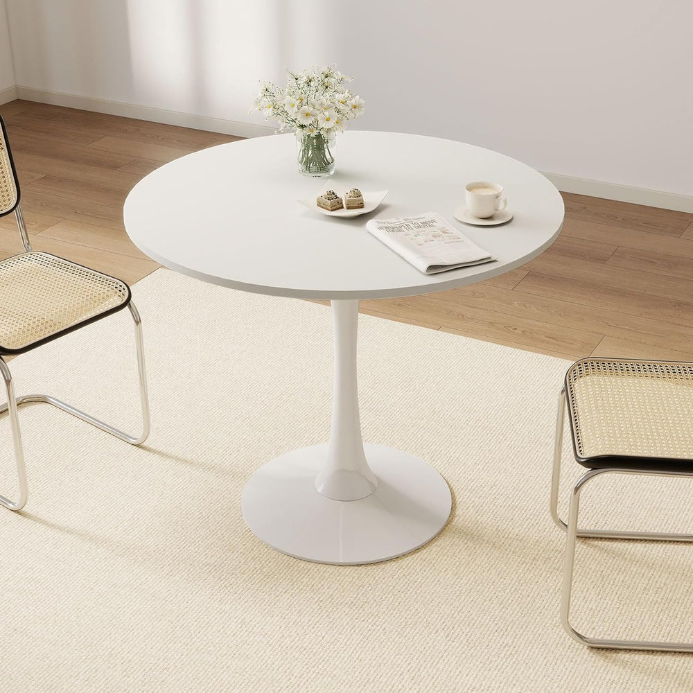 27.5" White Round Dining Table, MDF Top with Metal Pedestal Base, Modern...