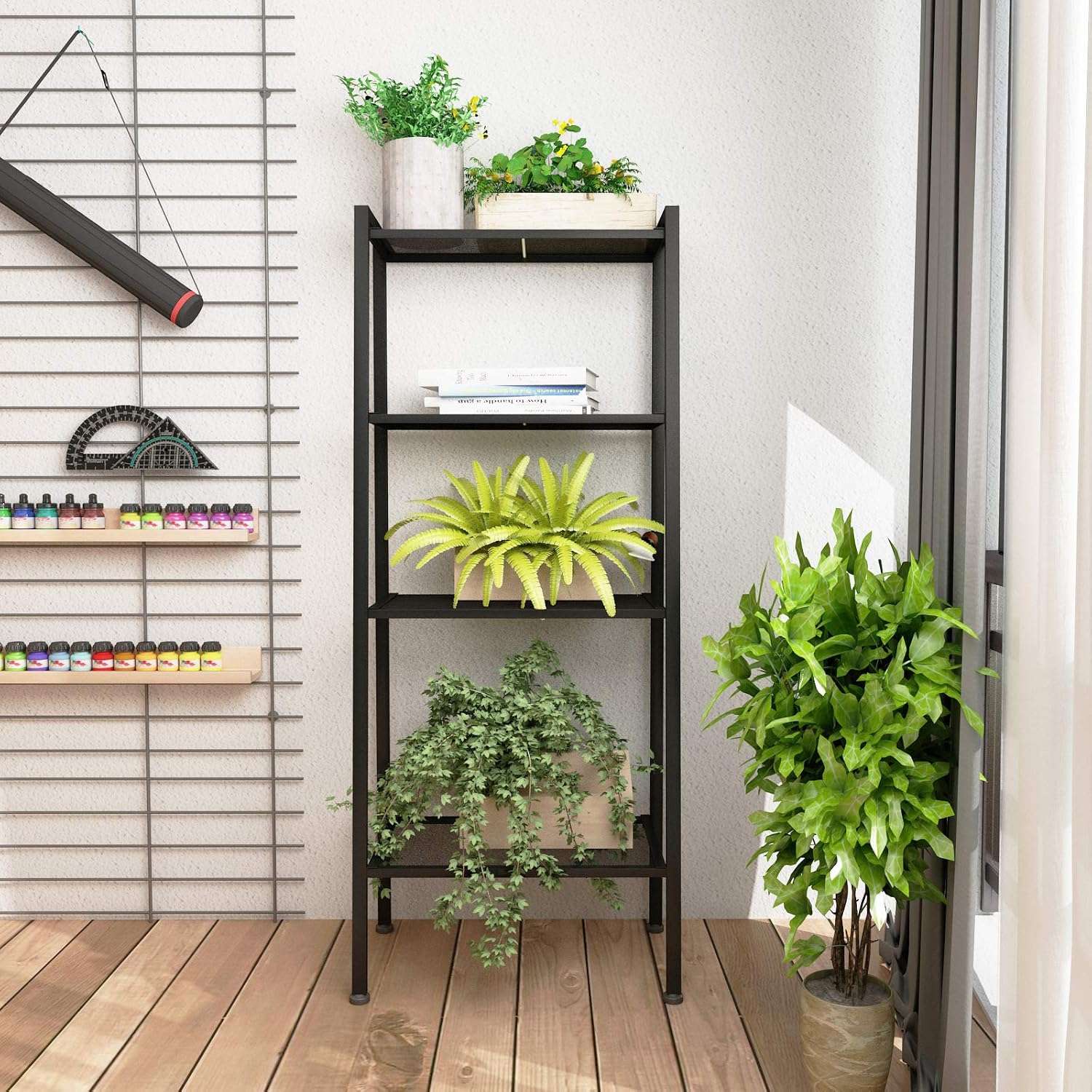 soges Ladder Shelf, 4-Tier Shelves Bookshelf, Storage Rack Shelves, Bathroom, Living Room, Plant Flower Stand, Multifunctional Display Shelfs, Simple Assembly, Black