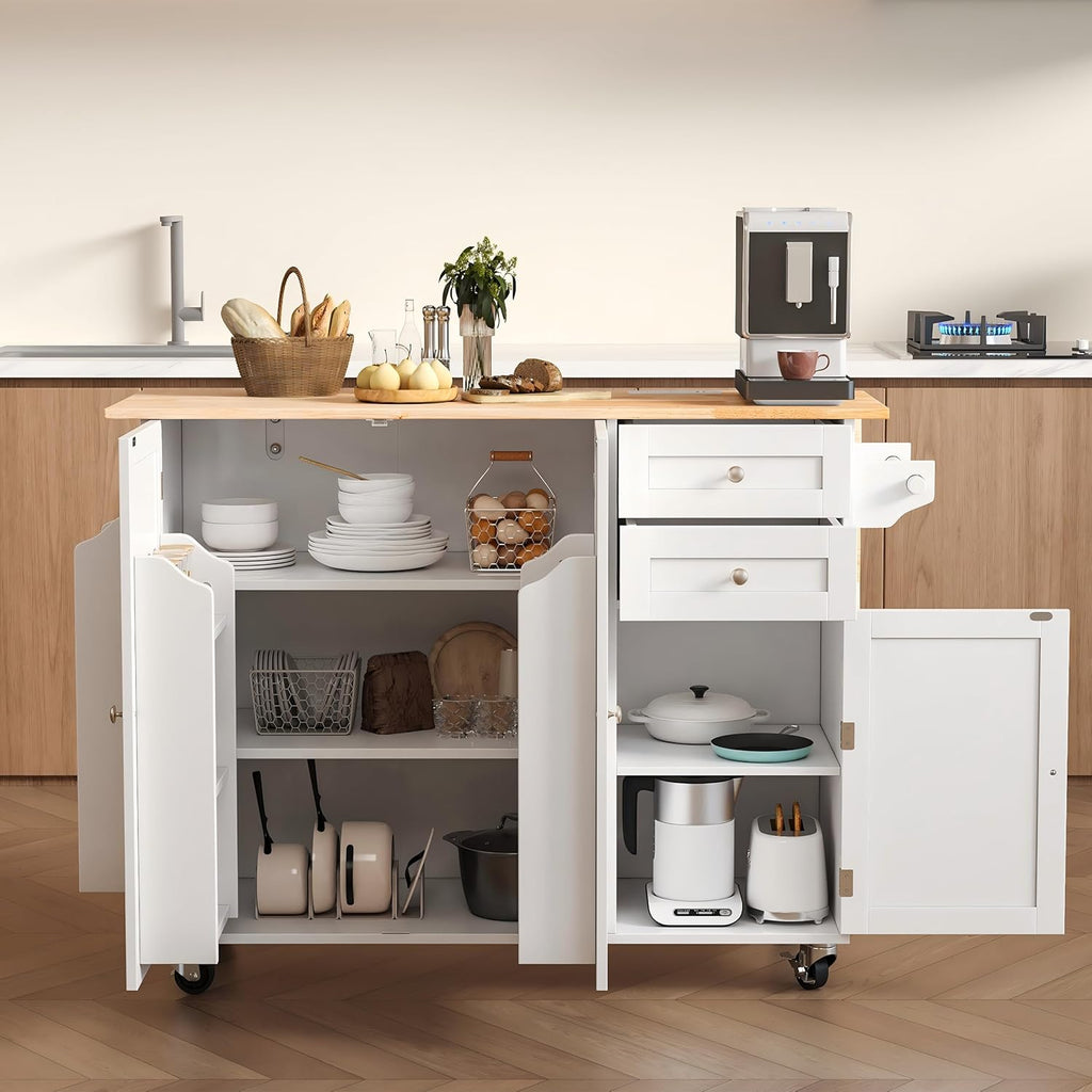 HOMREST 50.4" Kitchen Island with Drop Leaf & Power Outlet, Farmhouse Rolling Island Cart with 3 Spices Shelves on Wheels, Mobil Kitchen Island Table with Rubberwood Countertop Towel Rack, White