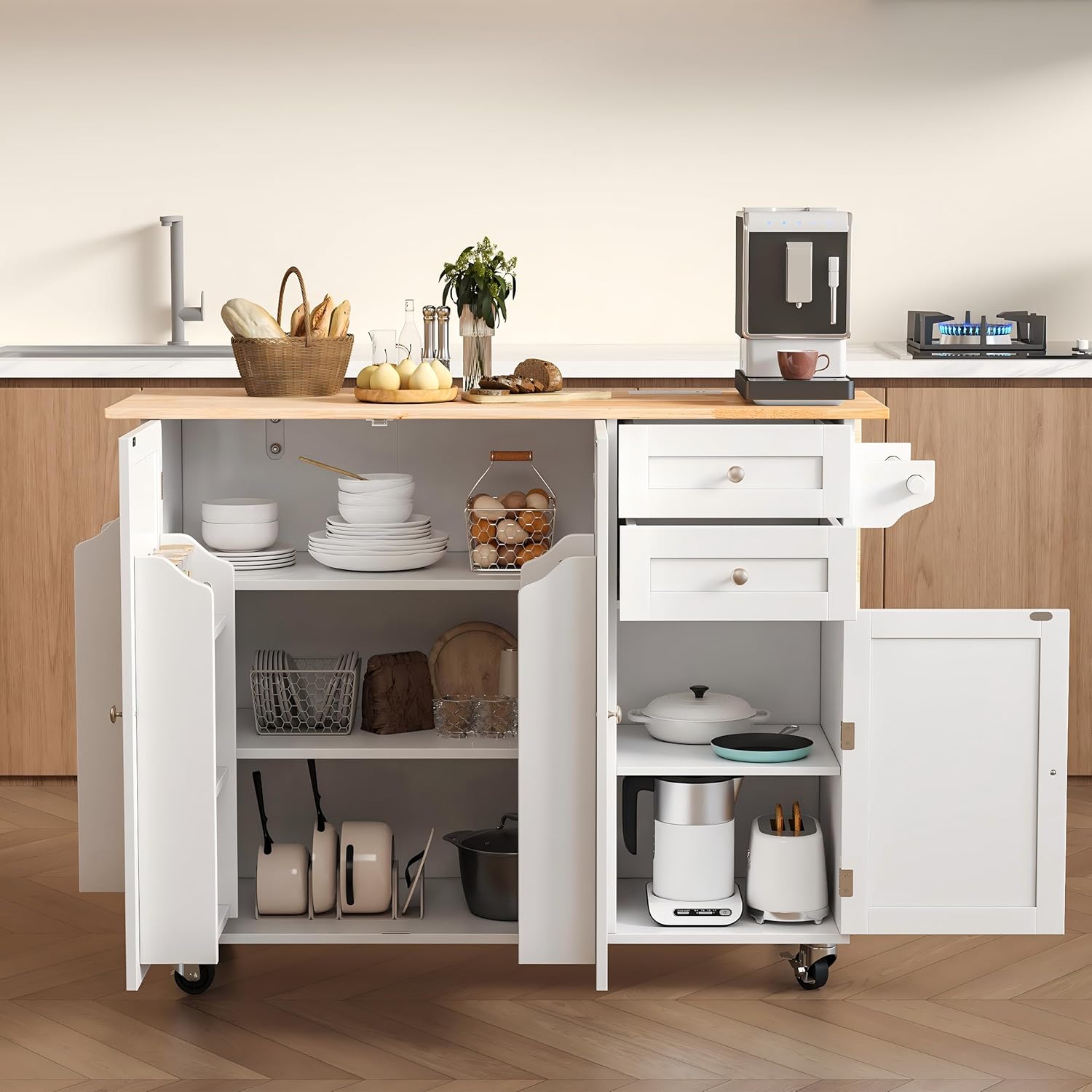 HOMREST 50.4" Kitchen Island with Drop Leaf & Power Outlet, Farmhouse Rolling Island Cart with 3 Spices Shelves on Wheels, Mobil Kitchen Island Table with Rubberwood Countertop Towel Rack, White