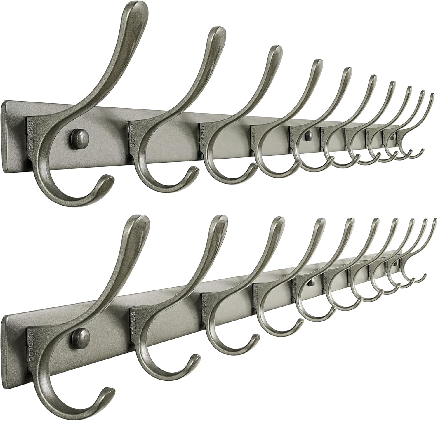 SKOLOO Coat Rack Wall Mounted - 10 Hooks, Pack of 2, Heavy Duty, Stainless Steel, Metal Wall Hangers, Sturdy Coat Hooks for Hanging Coats, Jacket, Clothes, Hat, Matte Grey