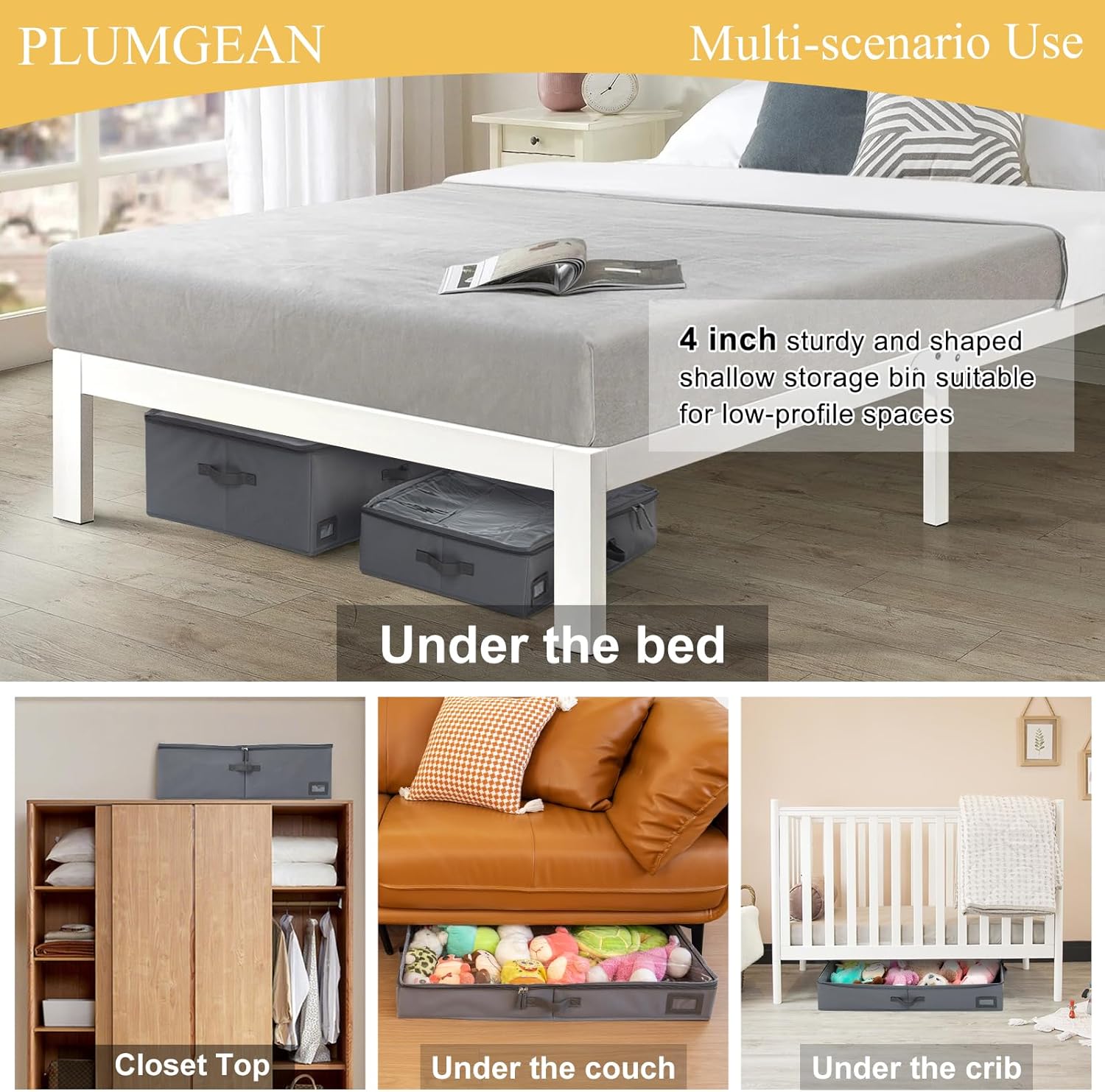 4-Inch Under Bed Storage Containers (2-Pack) | Sturdy Sidewalls | Clear Cover & Label Holder | Foldable Fabric Closet Bin Organizer | Stores Clothing/Blankets/Sweaters/Sheets