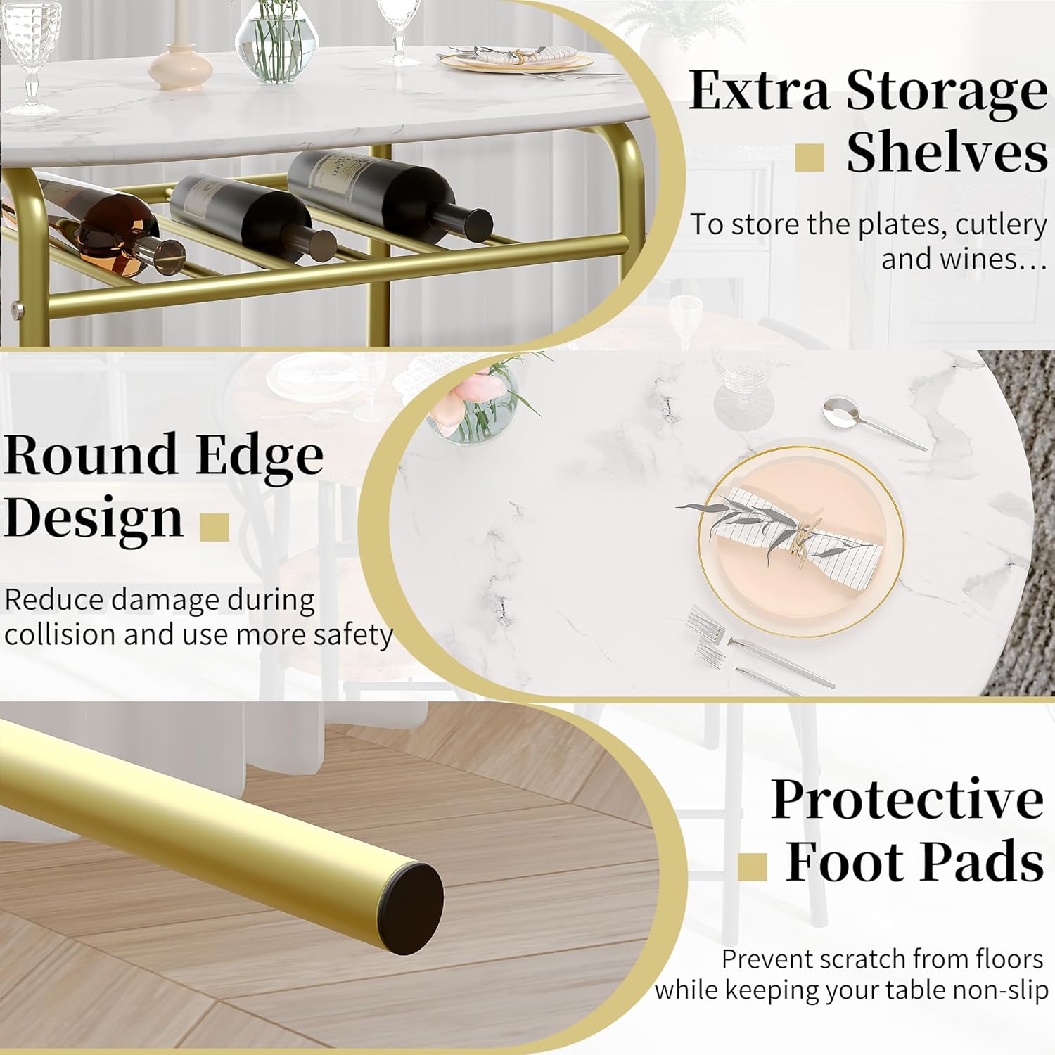 VECELO 3-Piece Dining Table Set for Kitchen Breakfast Nook, Wood Grain Oval Tabletop and Metal Frame with Built-in Wine Rack, for Small Spaces, White & Gold