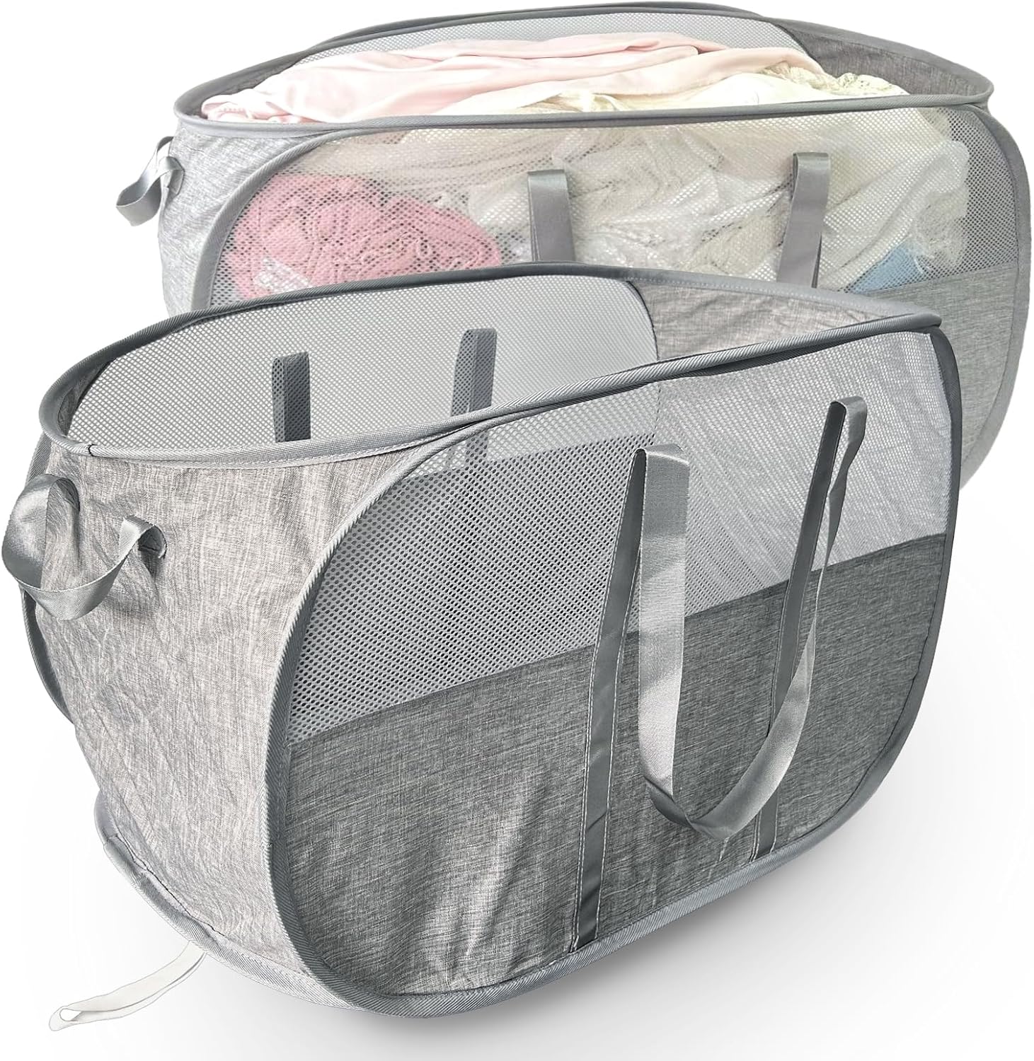 100L Collapsible Laundry Baskets 2 Pack, Extra Large Mesh Pop Up Laundry Hamper, Dirty Clothes Hamper with Reinforced Handles, Folding Hampers for Travel. Dorm or Home Portable Laundry Baskets. Grey