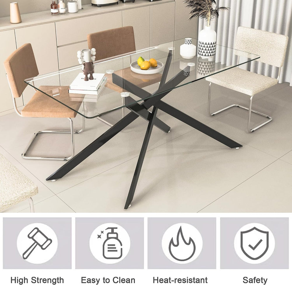 60" Modern Black Glass Dining Room Table Set for 6, 7-Piece Rectangular ...