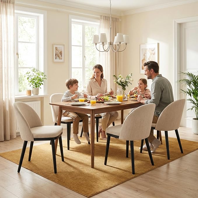 Wooden Dining Chairs Set of 4,Upholstered Kitchen Dining Room Chairs with Curved Backrest and Wood Leg,Modern Fabric Farmhouse Dinner Chair for Restaurant/Cafe,Beige
