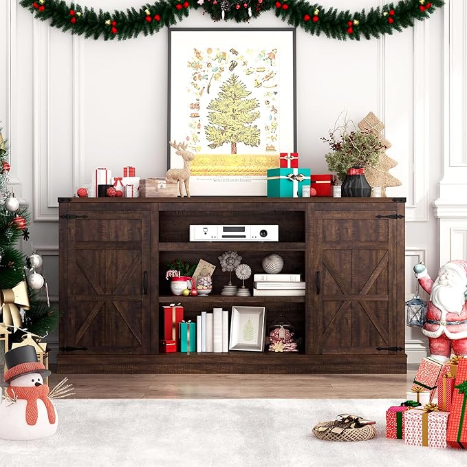 66" Farmhouse TV Stand with Power Outlets for 75 Inch TVs, 33" Tall Entertainment Center with Storage Cabinets w/Adjustable Shelves, Rustic Large TV Media Console for Living Room, Brown