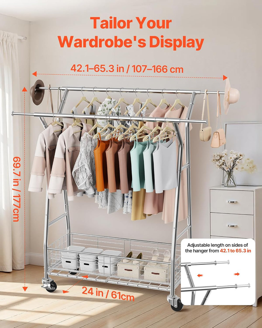 VEVOR Clothes Rack, Rolling Clothing Garment Rack, Extendable Carbon Steel Cl...