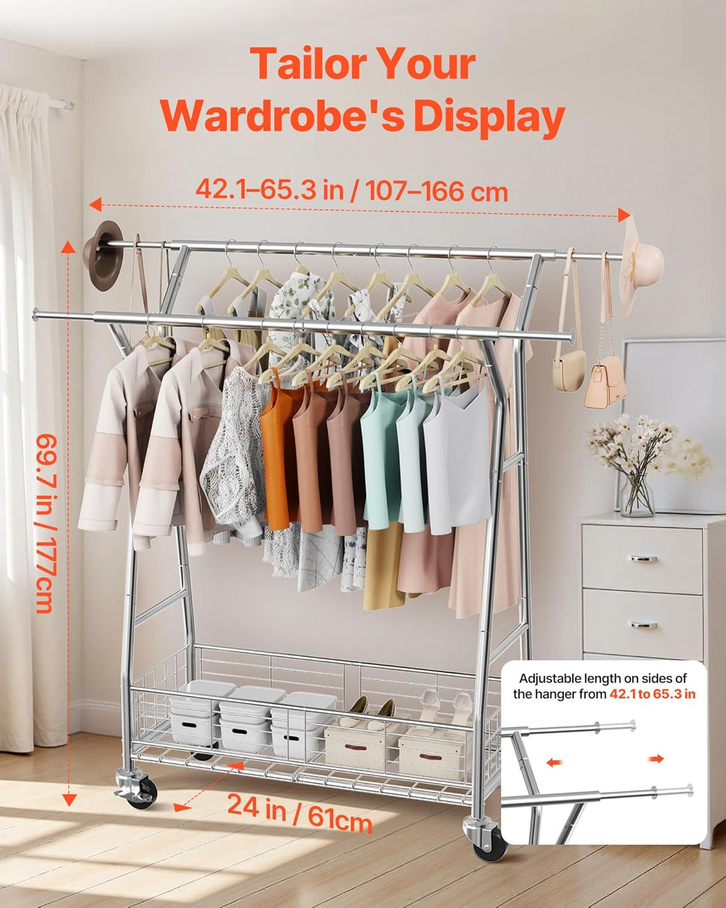 VEVOR Clothes Rack, Rolling Clothing Garment Rack, Extendable Carbon Steel Clothing Racks with Wheels for Bedroom, Laundry, Living Room