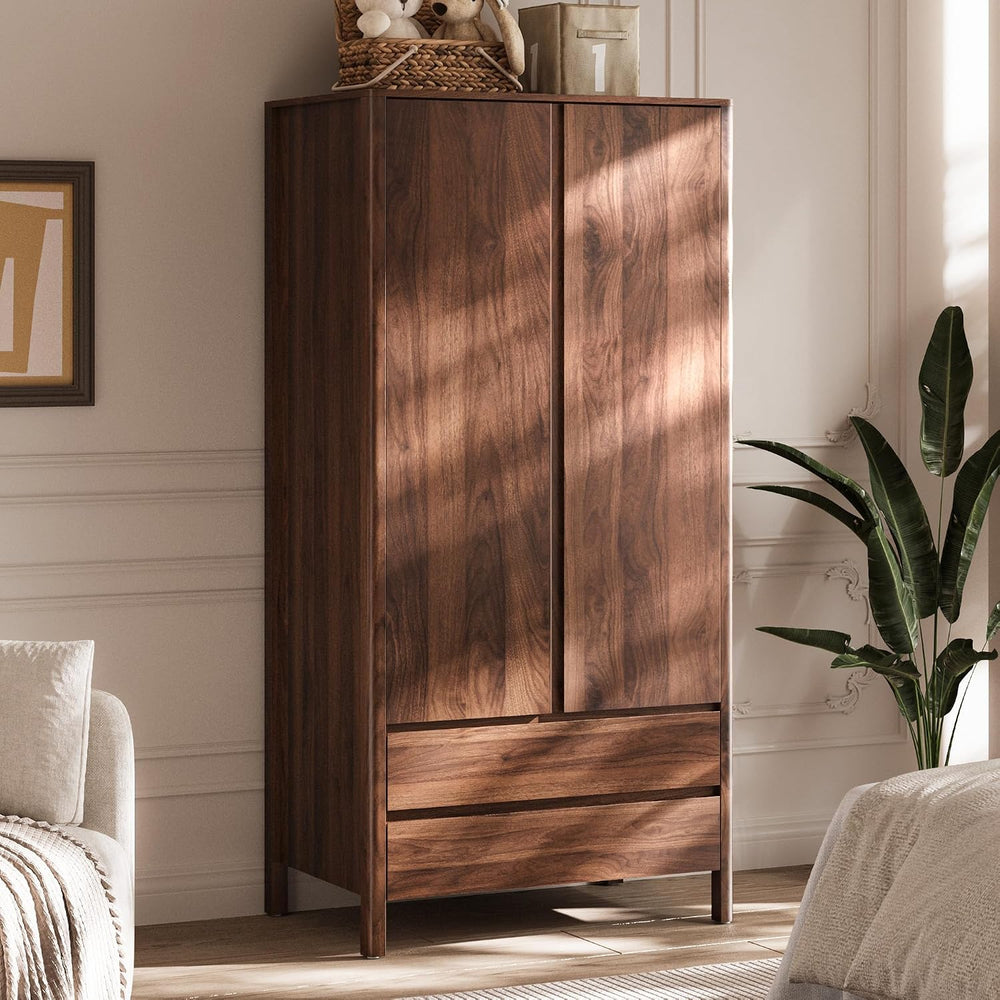 MAISONARIA Wardrobe with 2 Doors and 2 Drawers, 70.9”H Modern Walnut Bedroom ...