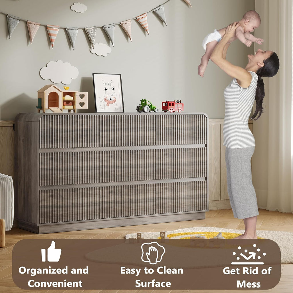 Dresser for Bedroom with 9 Drawers, Fluted Chest of Drawers with Round Curved Corner, Hidden Handles, Modern Wood Storage Organizer for Bedroom, Nursery, Living Room