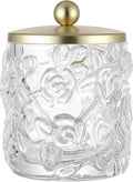Clear Transparent Apothecary Floral Embossed Glass Jar With Gold Metal Lid Cover for Bathroom Organization, Cotton Balls, Q Tips, and Small Accessories, Bathroom Storage