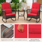 ORALNER 3 Pieces Patio Rocking Chair Set, Wicker Bistro Set (Red) | Outdoor Furniture, Rattan Rocker Set, Cushions, Pillows, Glass Coffee Table, for Balcony Front Porch Poolside Garden Deck
