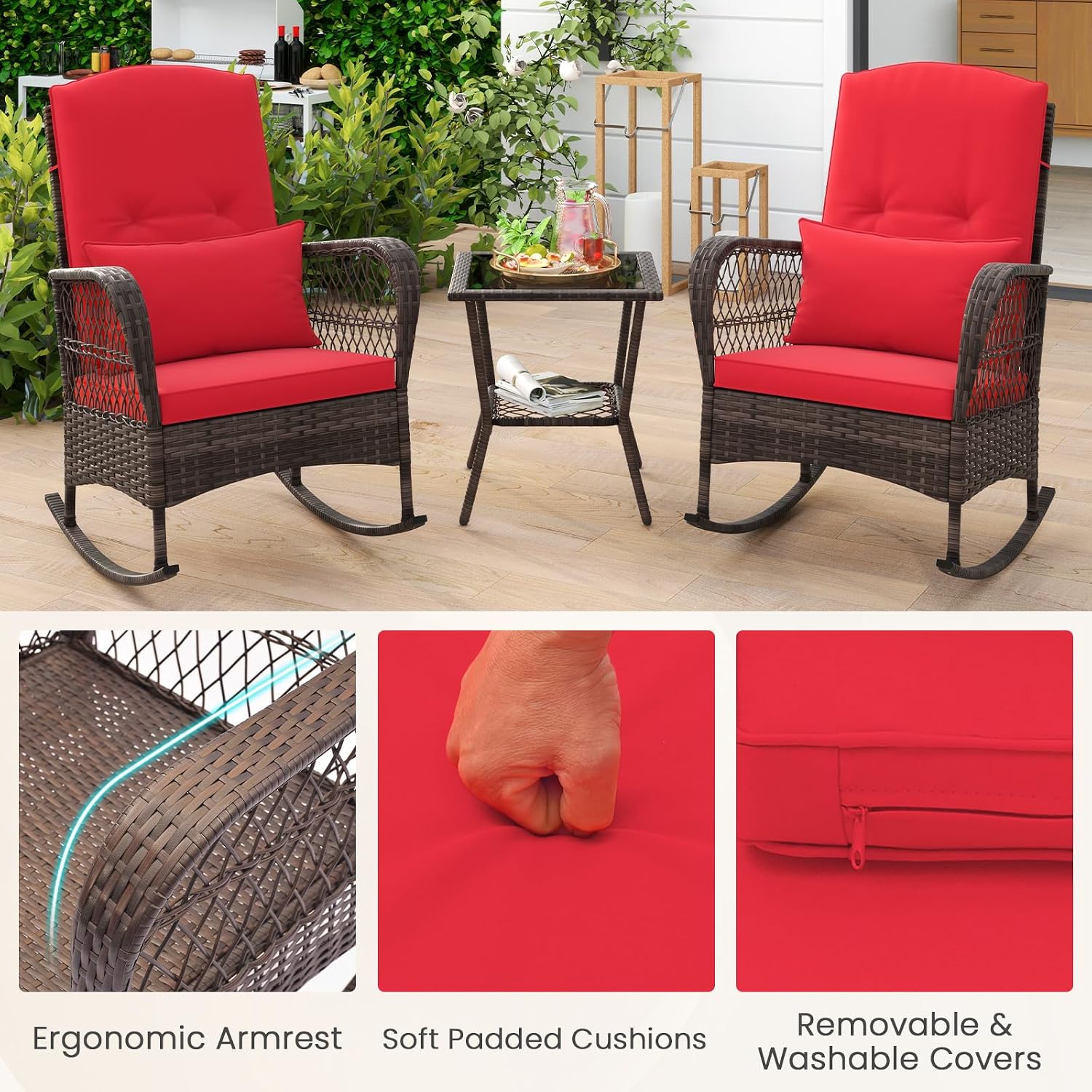 ORALNER 3 Pieces Patio Rocking Chair Set, Wicker Bistro Set (Red) | Outdoor Furniture, Rattan Rocker Set, Cushions, Pillows, Glass Coffee Table, for Balcony Front Porch Poolside Garden Deck