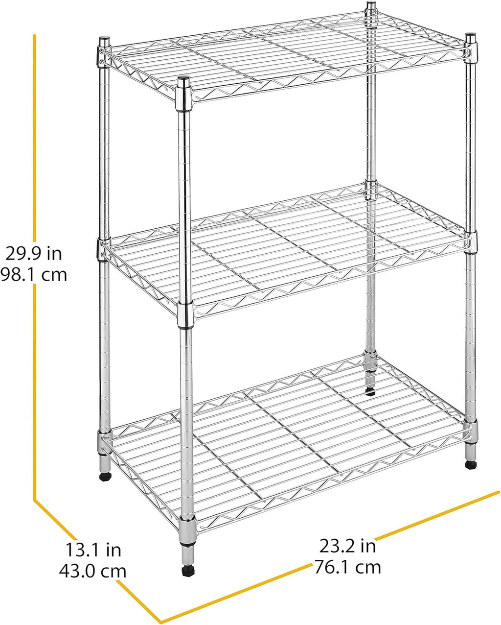 Whitmor 3 Tier Shelving Unit, Metal Storage Shelves, 400 lbs Capacity per Shelf, 1200 lbs Total, Adjustable Heavy Duty Shelf for Kitchen, Garage, Plant, 23" L x 13" W x 30" H, Chrome