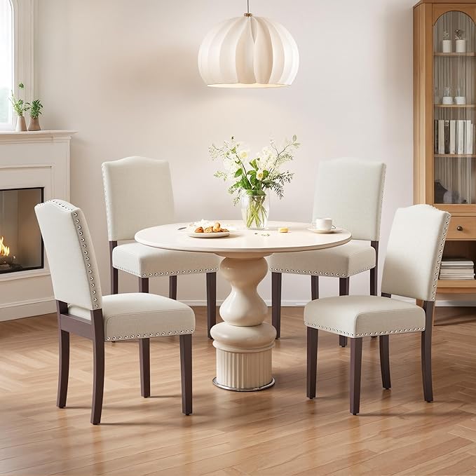 Upholstered Dining Chairs Set of 4 with Thickened Seat Cushion, Wooden Mid-Ce...