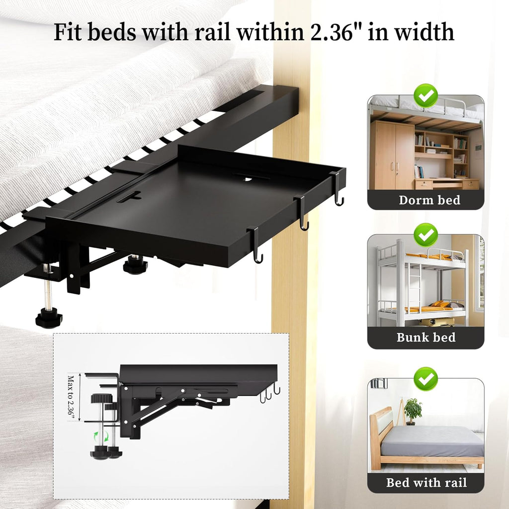 Foldable Bedside Shelf, Metal Clip-On Bed Tray Table for Bunk Bed & Dorm Beds, Dorm Room Essentials Organizer for College Students, Floating Tray, Space Saving Nightstand for Loft Beds (Black, Small)