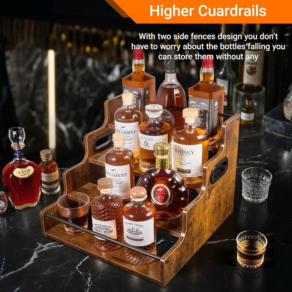 YQBRAO 4-Tier Liquor Bottle Display Shelf, 16-Inch, Rustic Brown | Holds up t...