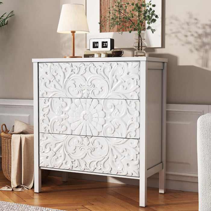 3-Drawer Dresser Chest, Modern Wooden Flower Motif Dressers with Wide Storage Space Chest of Drawers Bedside Nightstand Dresser Closet for Living Room Bedroom, Hallway (White)